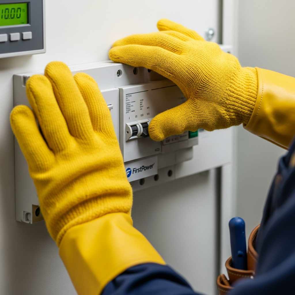 Close-up hands closing a modern circuit breaker panel.