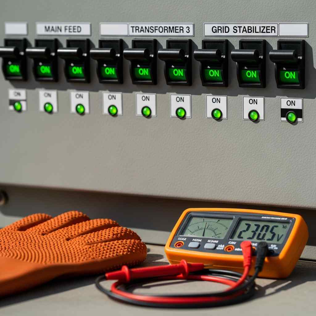 Close-up electrical panel with glowing lights, insulated gloves, and a multimeter.
