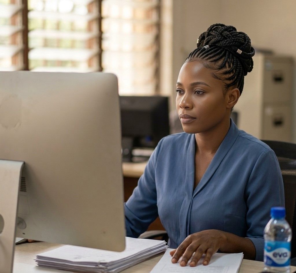 Administrative systems logic-based tools showing government officer at desk with computer monitor back to cameraFeatured Image Description:
Cinematic documentary photograph of a Nigerian government officer sitting at a desk in an office environment. The computer monitor is angled away from the camera, showing only the back of the monitor in the foreground. The officer's face is visible in profile, illuminated by natural window light and the soft glow of the screen. His expression is focused and engaged. The background is completely blurred with creamy bokeh in neutral office tones. The image emphasizes human judgment supported by digital tools. Square composition.Featured Image Title:
administrative-systems-logic-based-officer-gobeyondlocal.jpgContent Image 1 Alt:
Close-up of hands on keyboard with document pile in foreground, blurred office backgroundContent Image 1 Caption:
Paper waits. Logic processes. The officer reviews what matters.Content Image 1 Title:
administrative-systems-hands-keyboard-paper-gobeyondlocal.jpgContent Image 2 Alt:
Two office workers reviewing a document together with computer monitors facing away from cameraContent Image 2 Caption:
Collaboration happens faster when the system handles the routine work.Content Image 2 Title:
administrative-systems-office-collaboration-gobeyondlocal.jpg