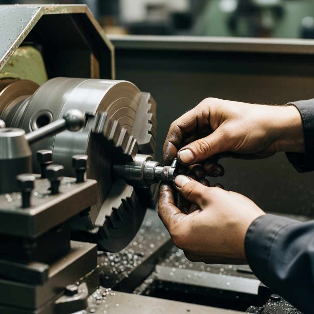 Close-up working on a metal lathe brightly lit industrial workshop.