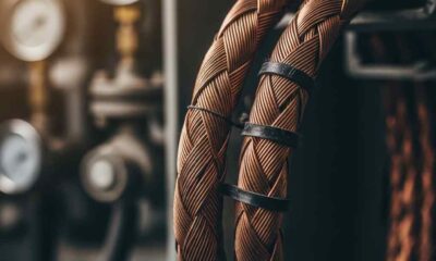 Macro shot copper power cables with a blurred industrial background.