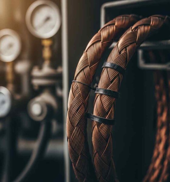 Macro shot copper power cables with a blurred industrial background.