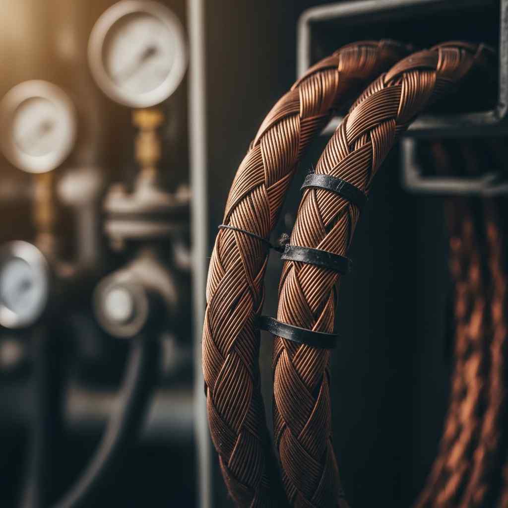 Macro shot copper power cables with a blurred industrial background.