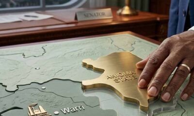 A conceptual editorial illustration showing a map of Delta State being split to create Anioma State, with a focus on the Warri skyline as the proposed new capital.