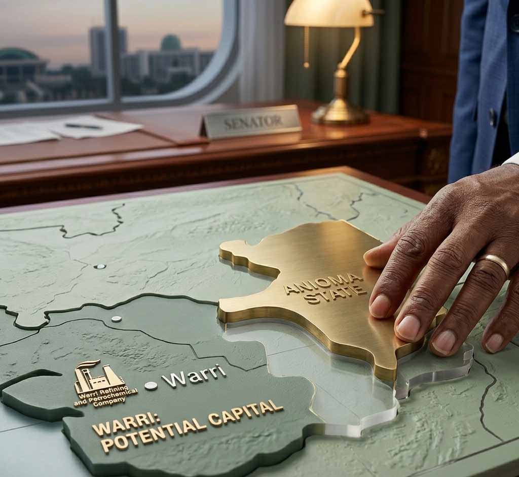 A conceptual editorial illustration showing a map of Delta State being split to create Anioma State, with a focus on the Warri skyline as the proposed new capital.