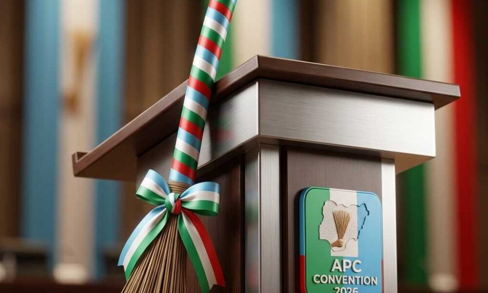 A focused 3D render of the official APC broom symbol decorated in party colors, leaning against a convention podium.