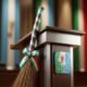 A focused 3D render of the official APC broom symbol decorated in party colors, leaning against a convention podium.