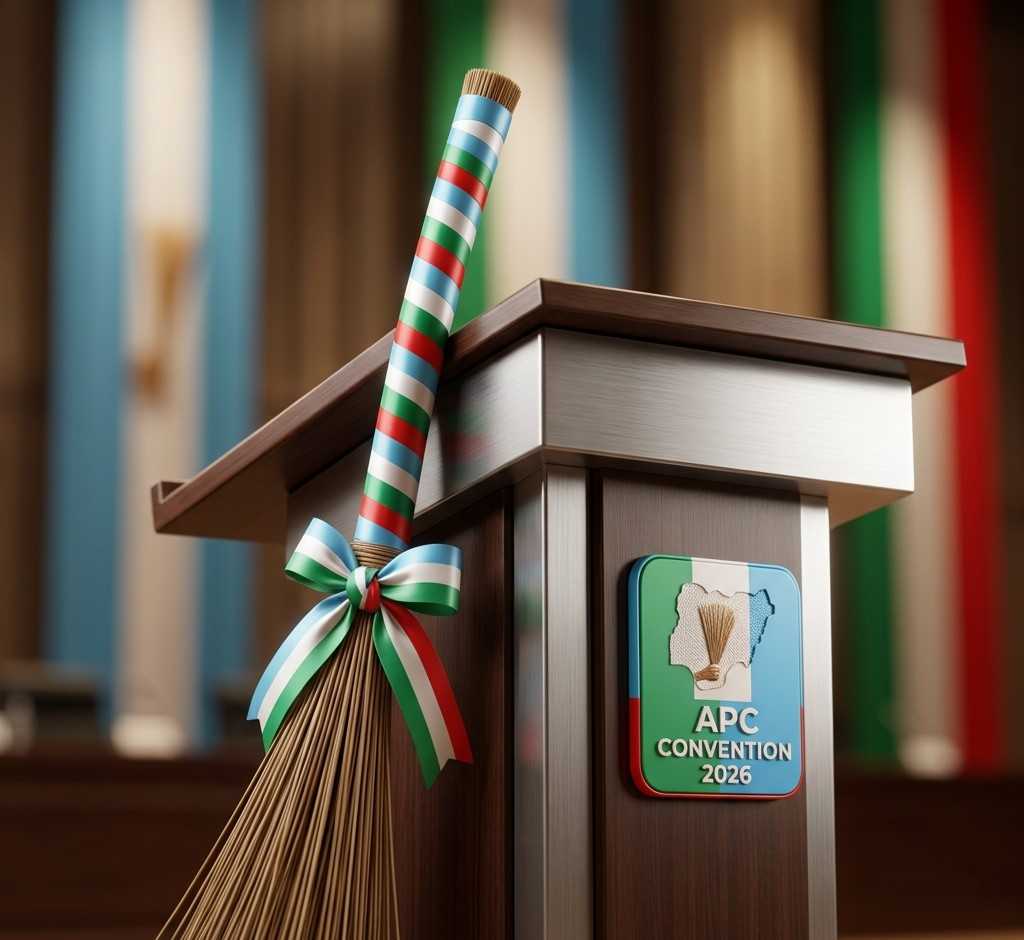 A focused 3D render of the official APC broom symbol decorated in party colors, leaning against a convention podium.