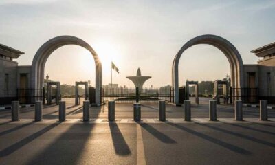 Security arches and bollards at Eagle Square entrance in Abuja at dawn