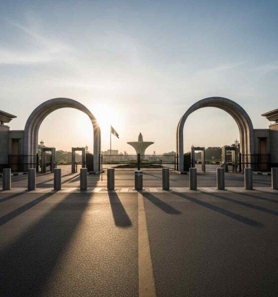 Security arches and bollards at Eagle Square entrance at dawn