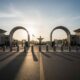 Security arches and bollards at Eagle Square entrance in Abuja at dawn