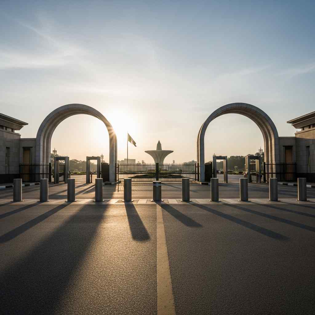 Security arches and bollards at Eagle Square entrance in Abuja at dawn
