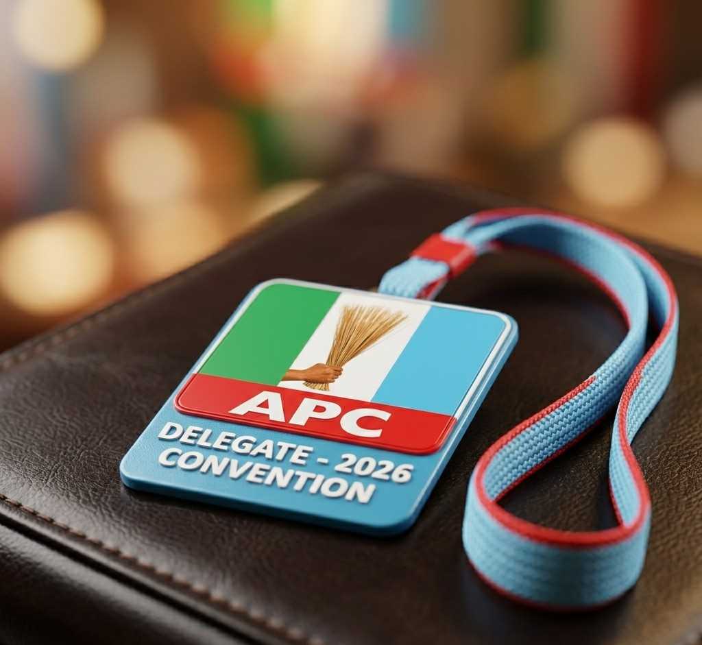 Close-up photograph of an official 2026 APC National Convention delegate accreditation badge and lanyard.