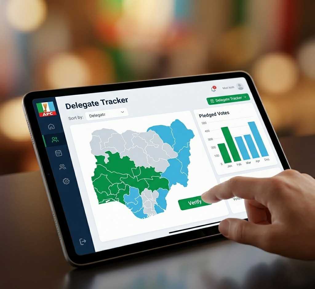 Conceptual illustration of an unidentifiable generic hand interacting with a digital tablet tracking APC delegate votes across Nigeria.
