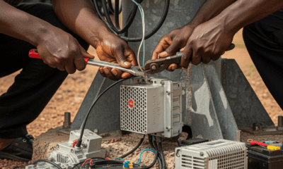 A man in a Nigerian market inspecting a stolen industrial telecommunications battery, representing the impact of Base Transceiver Station Vandalism.