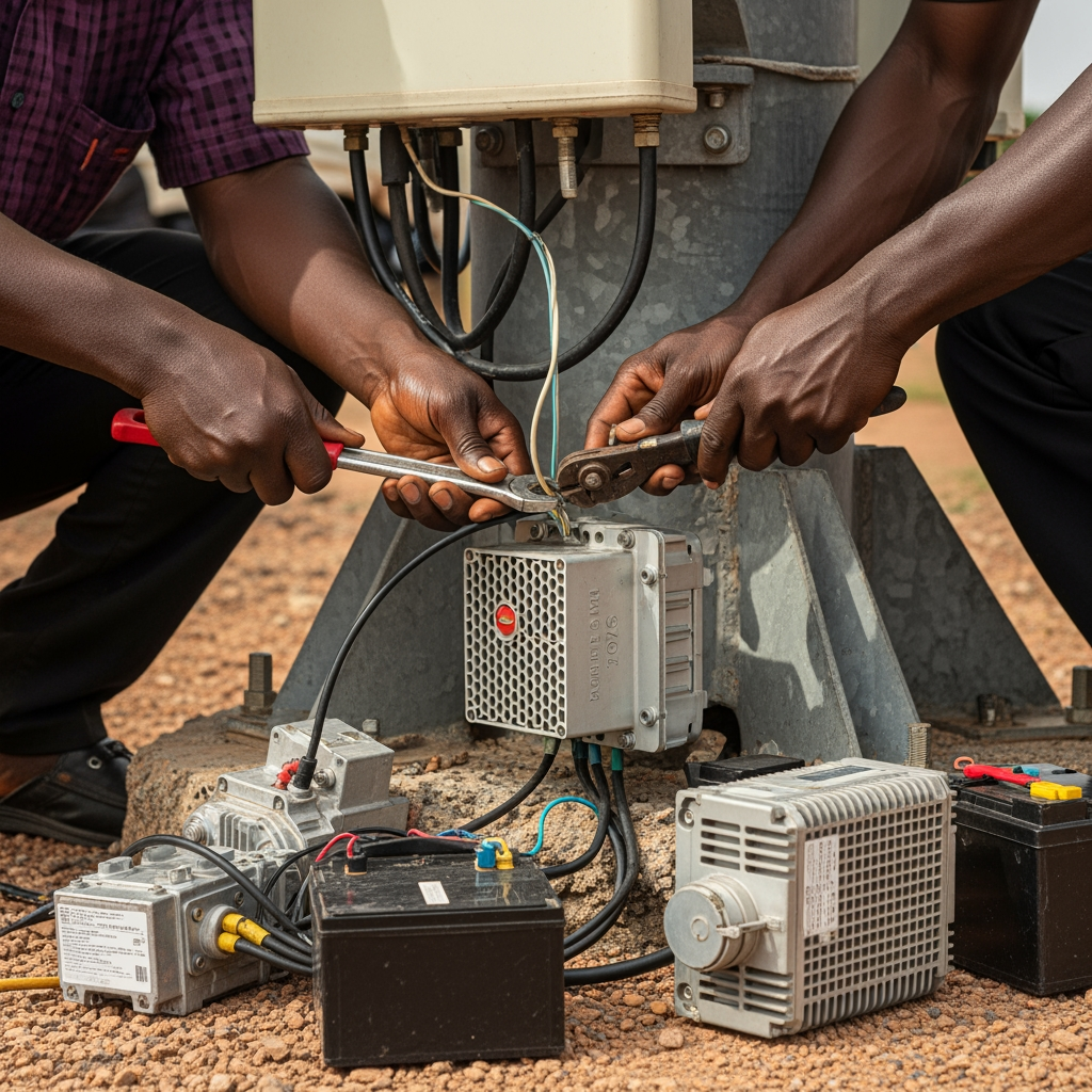 A man in a Nigerian market inspecting a stolen industrial telecommunications battery, representing the impact of Base Transceiver Station Vandalism.
