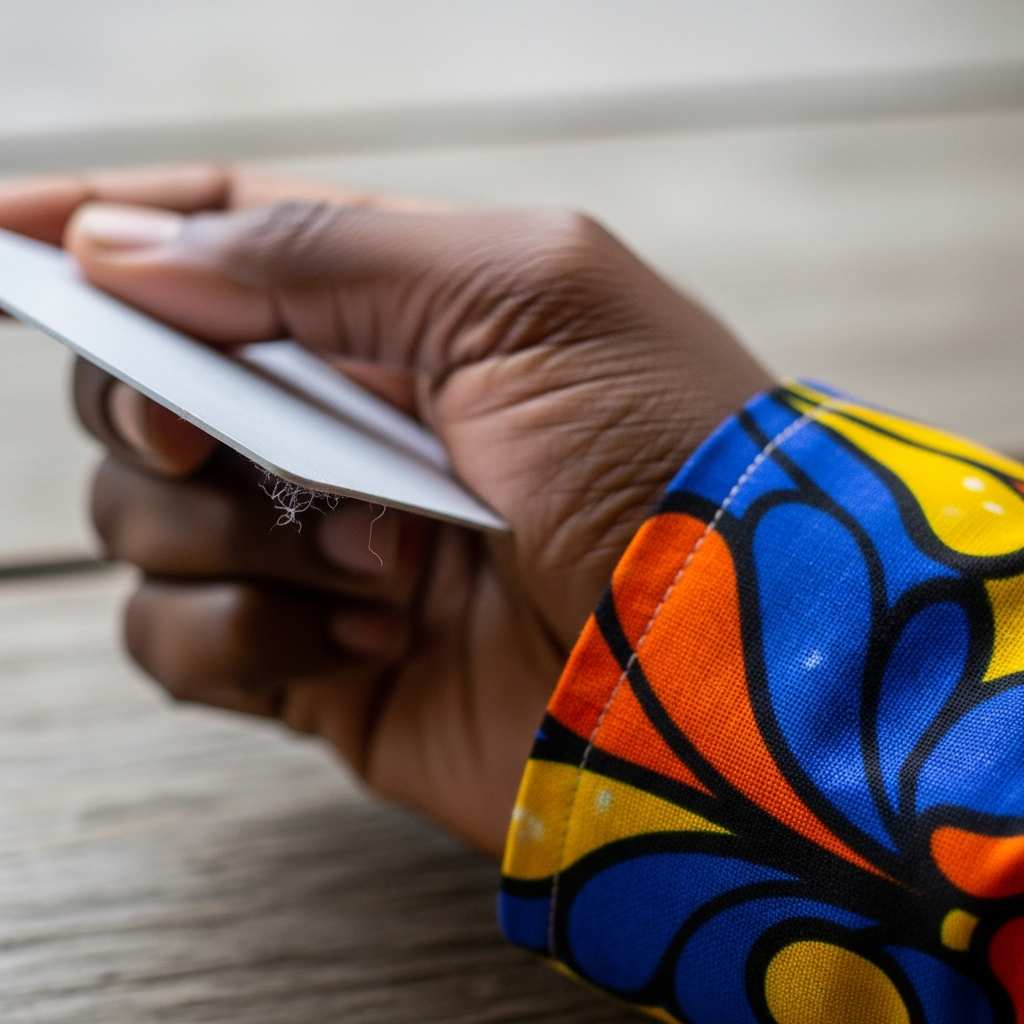 Close-up hand holding a pla against colorful patterned fabric