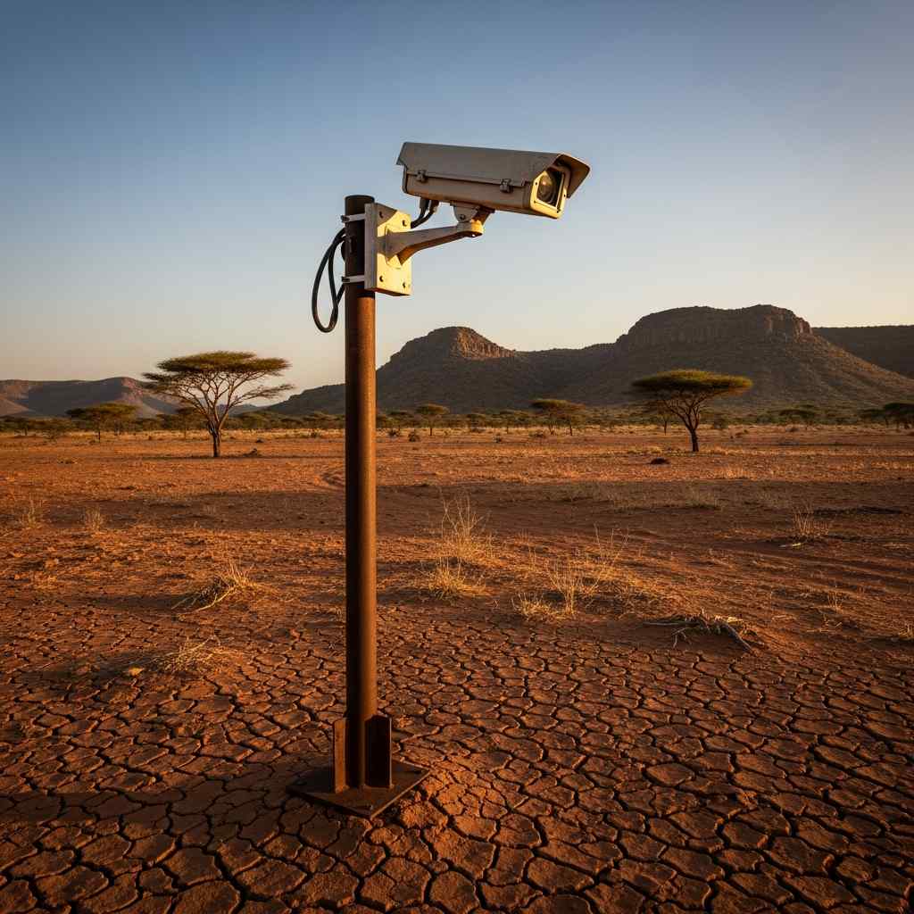 Surveillance camera on pole monitoring 's arid border situation at sunset