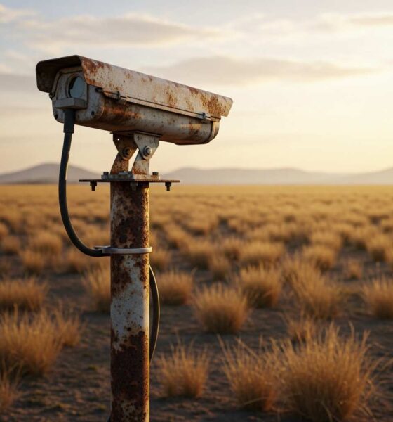 Surveillance camera on pole in remote Nigerian frontier at sunset