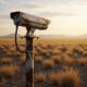 A surveillance camera on a pole in Nigeria's remote frontier landscape at sunset.