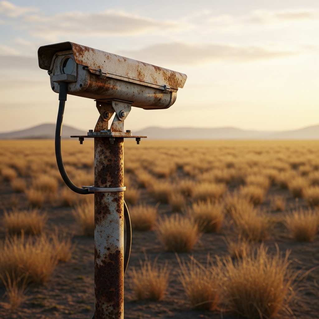 A surveillance camera on a pole in Nigeria's remote frontier landscape at sunset.