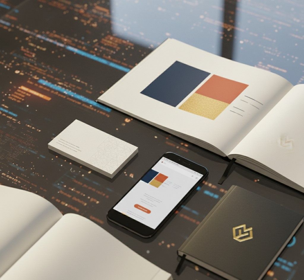 Elegant brand identity materials on glass desk with soft digital glow in backgroundFeatured Image Description:
Cinematic top-down photograph of a sleek glass desk surface displaying carefully arranged brand identity materials. A thick, premium business card in subtle cream with minimal geometric design sits center-left, its text completely unreadable—only abstract lines suggesting contact information. Beside it, a brand style guide opens to a page showing color swatches in deep navy, terracotta, and gold, with typography examples rendered as unreadable gray bars. A matte black smartphone lies nearby, its screen showing a website homepage mockup with the same brand colors but completely illegible content—only abstract shapes suggesting layout. A gold foil-stamped notebook rests partially open, its pages blank. In the background, completely blurred with an extremely shallow depth of field creating creamy bokeh, soft digital particles or light streaks suggest the online world—search results pages, website traffic, digital reach—but entirely abstract, only warm glows and soft lines. The lighting is cool, sophisticated studio light mixed with warm ambient, creating reflections on the glass surface. The composition communicates strategic brand development meeting digital visibility. No readable text anywhere. No people visible. Square composition.Featured Image Title:
brand-reach-identity-design-search-visibility-gobeyondlocal.jpg