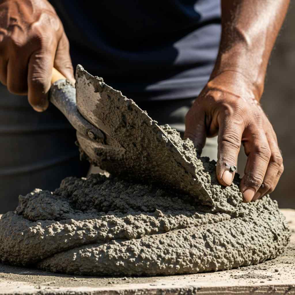 Close-up using a shovel to mix wet mortar on a wooden surface