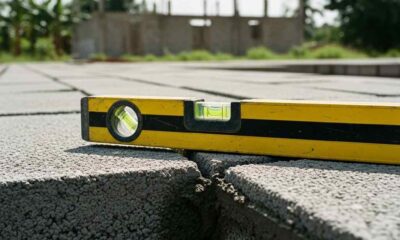 A yellow spirit level rests on a grey concrete block wall construction site