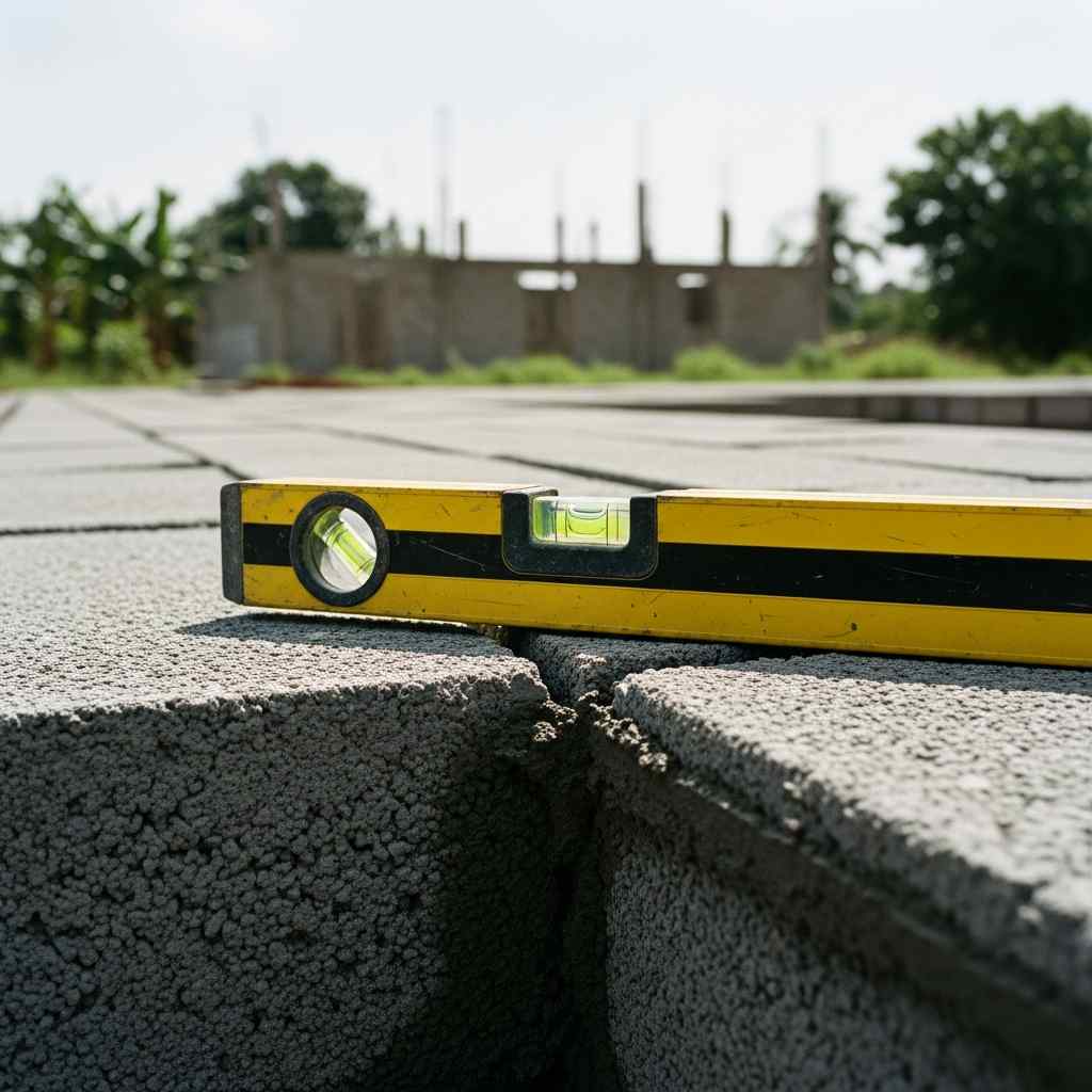 A yellow spirit level rests on a grey concrete block wall construction site