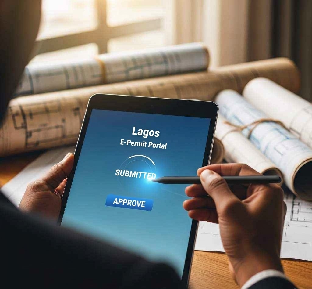 Hands using a tablet to approve a digital building permit.