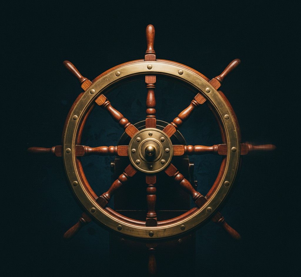 Wooden ship's wheel with brass fittings, warm lighting, dark blurred backgroundFeatured Image Description:
Cinematic close-up photograph of an ornate wooden ship's wheel with polished brass fittings. The wheel stands centered in frame, its spokes radiating outward. Warm side lighting catches the wood grain and brass highlights, creating deep shadows that emphasize the wheel's craftsmanship. A portion of the wheel is slightly blurred with motion, suggesting it is actively held and turned. In the background, completely dark with subtle texture, allowing the wheel to stand in dramatic relief. The composition conveys direction, control, and coordinated movement—a vessel responding to its helm. No text anywhere. No people visible. Square composition.Featured Image Title:
business-software-ship-wheel-direction-gobeyondlocal.jpg