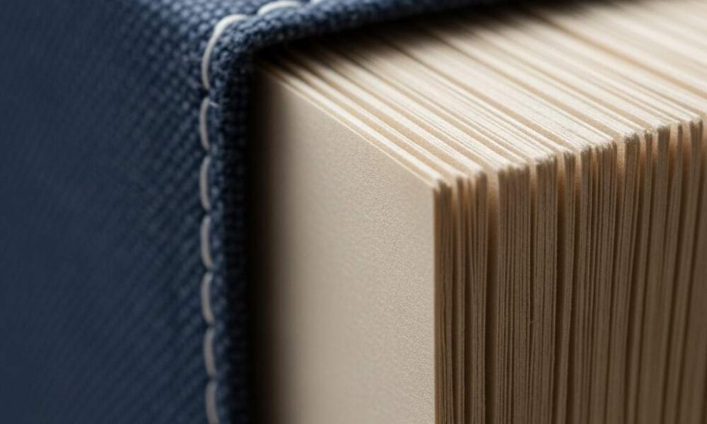 An extreme close-up showing the fine fibers paper and the stitching folder.