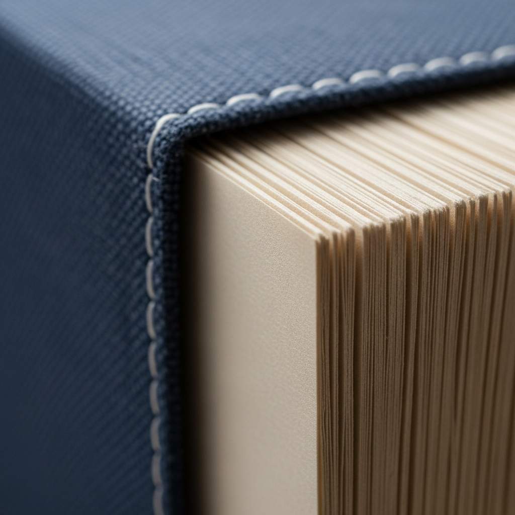 An extreme close-up showing the fine fibers paper and the stitching folder.