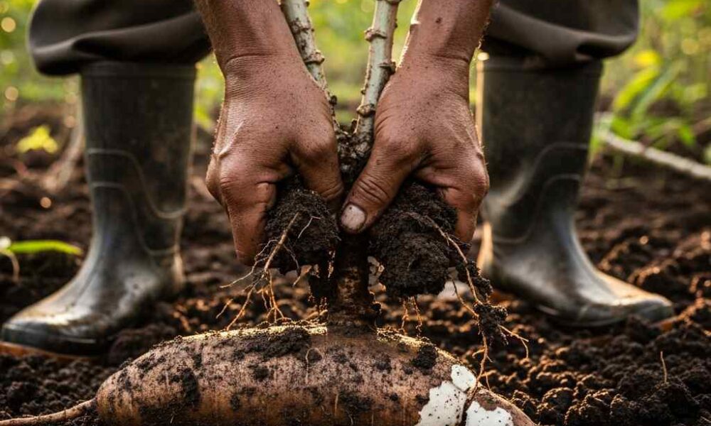 Close-up harvesting a fresh cassava tuber soil.