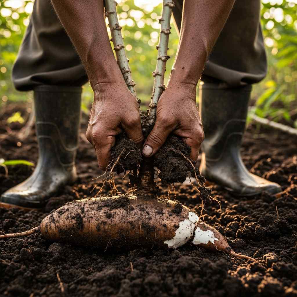 Close-up harvesting a fresh cassava tuber soil.