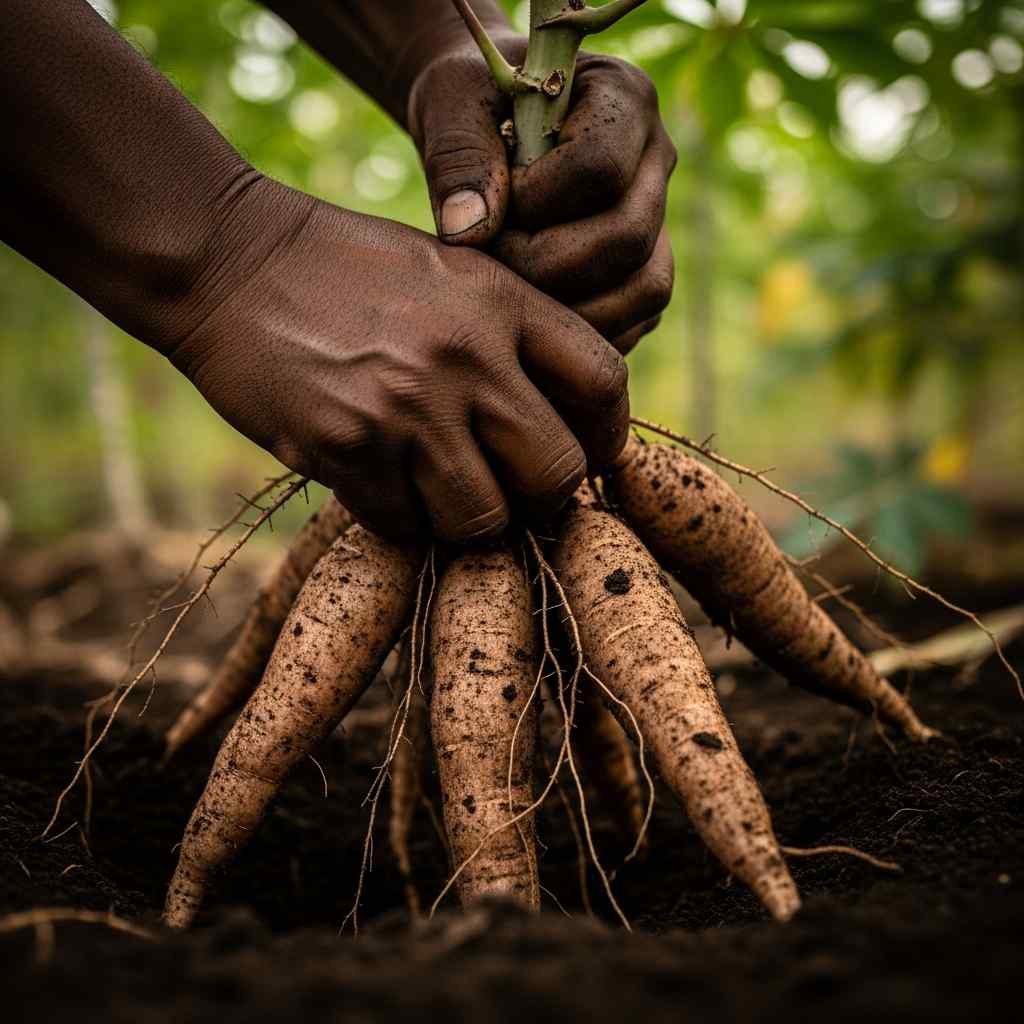 Close-up pulling cassava tubers earth.