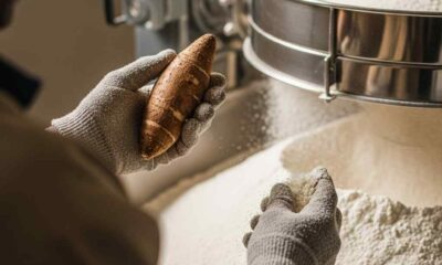 Farmer's hands inspecting white cassava flour next to a raw tuber and processing machinery.