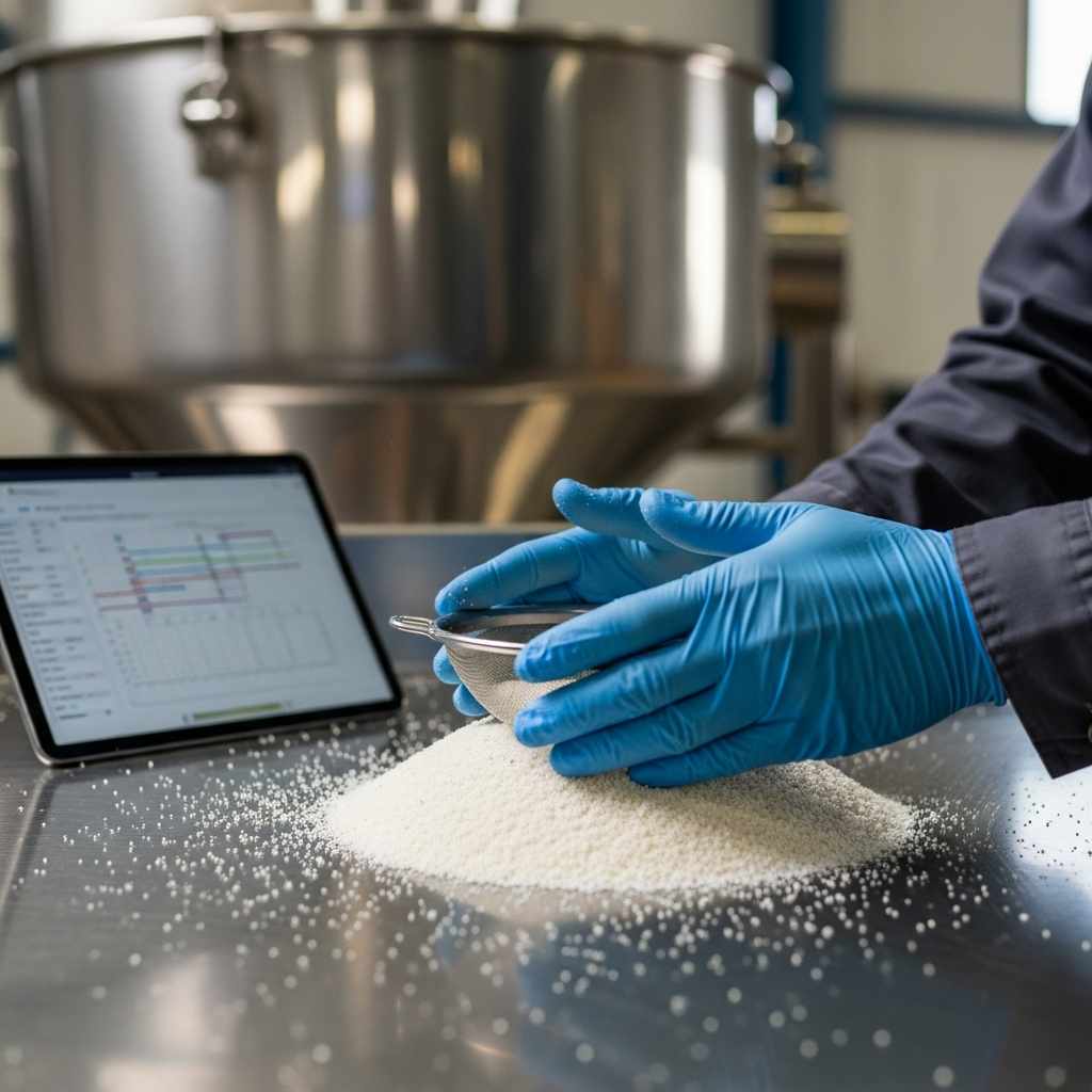 Gloved hands inspecting high-quality white garri on stainless steel surface.