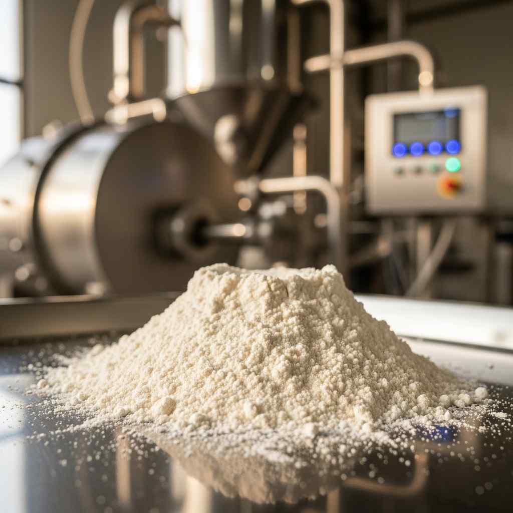 Close-up cassava flour on a tray with industrial machinery.