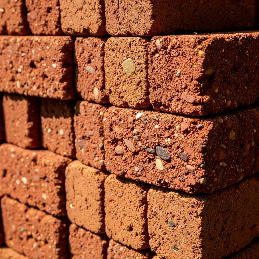 A close-up red laterite bricks showing rough, earthy textures and geometric patterns