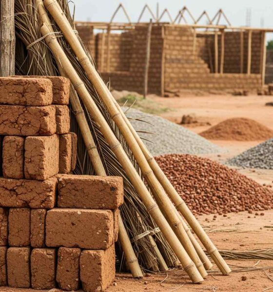 Stacked bricks and bamboo poles for construction
