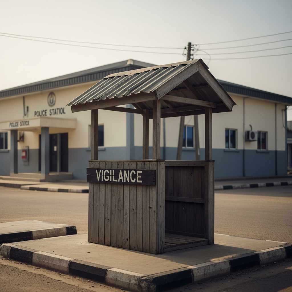 A weathered community watch post with 'VIGILANCE' written on it, near a police station in a neighborhood at dawn.