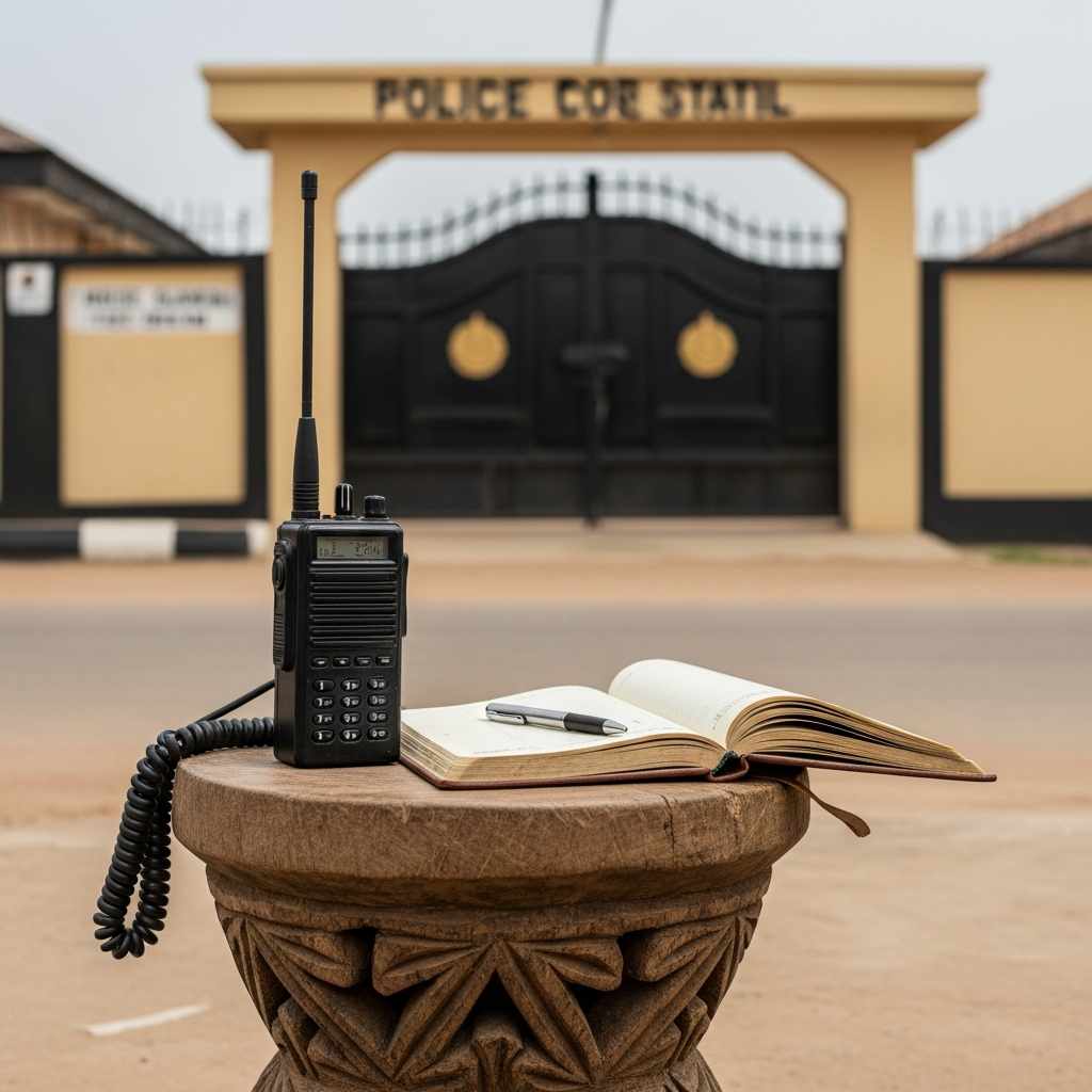 Symbolic still life in a street: a two-way radio and logbook on a stool near a police station gate.