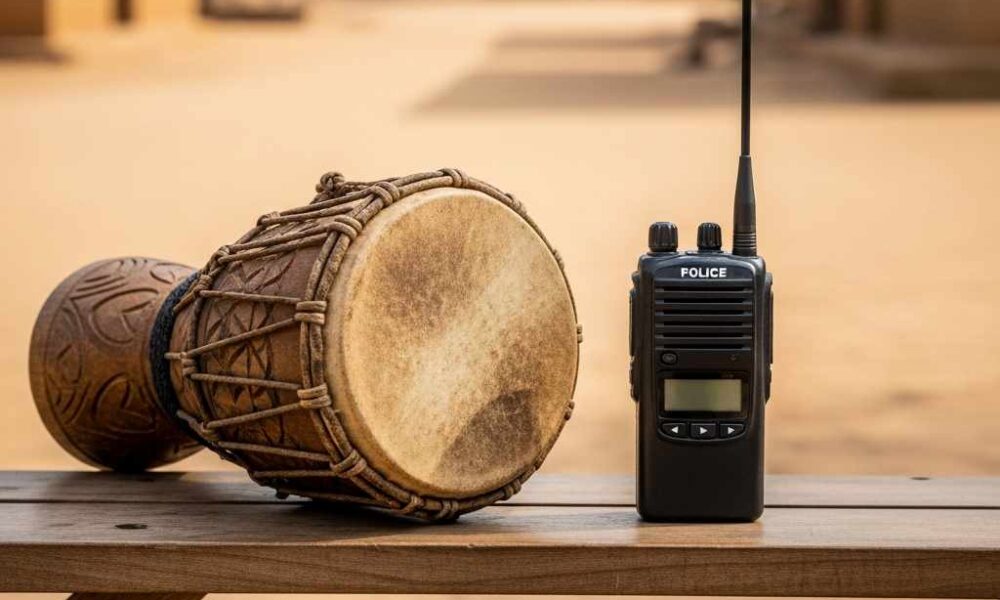 A talking drum and a police radio on a bench, symbolizing community and formal security partnership in Nigeria.