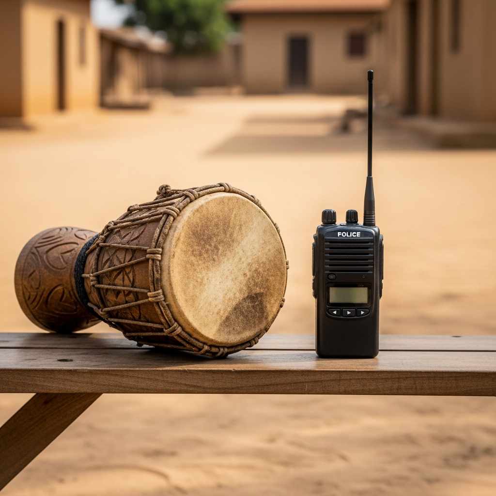 A talking drum and a police radio on a bench, symbolizing community and formal security partnership in Nigeria.