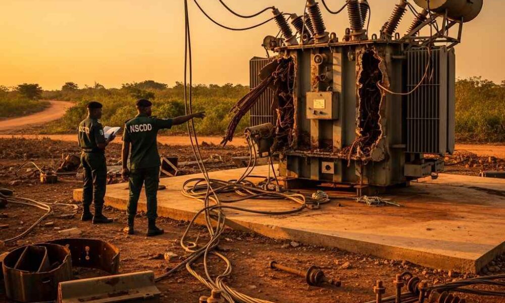 Damaged electrical transformer station with NSCDC officers at the scene