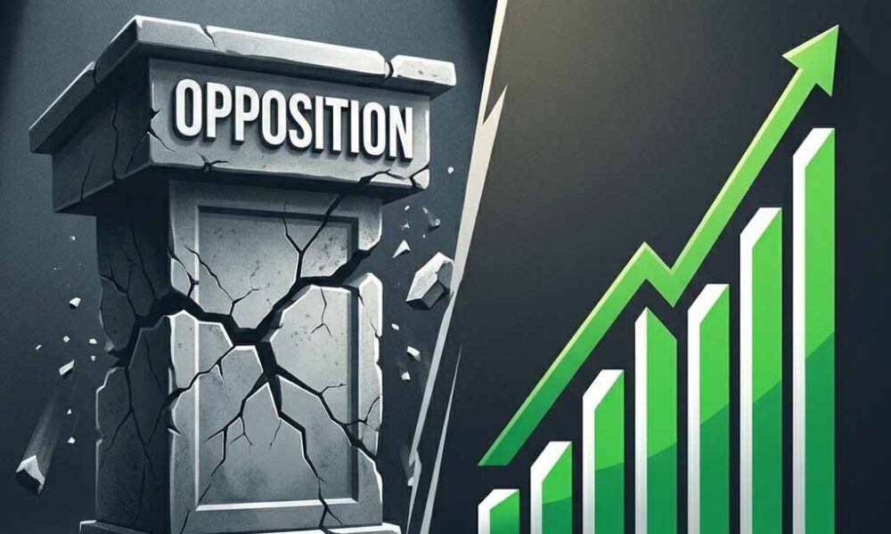 A minimalist editorial illustration showing a stone podium labeled OPPOSITION cracking and falling apart on the left, contrasted with a sharp rising green bar chart on the right.