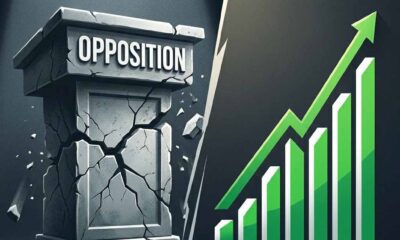 A minimalist editorial illustration showing a stone podium labeled OPPOSITION cracking and falling apart on the left, contrasted with a sharp rising green bar chart on the right.