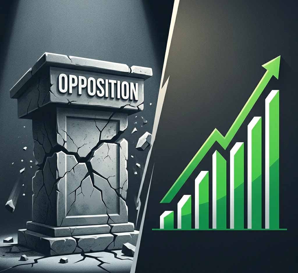 A minimalist editorial illustration showing a stone podium labeled OPPOSITION cracking and falling apart on the left, contrasted with a sharp rising green bar chart on the right.