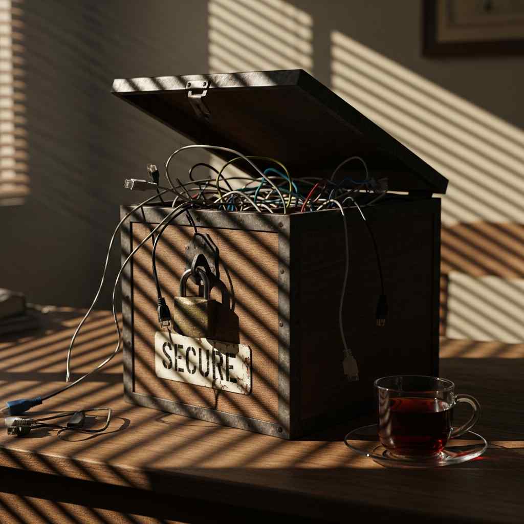 An old mail sorting box with open door and tangled network cables inside, symbolizing infrastructure vulnerability.